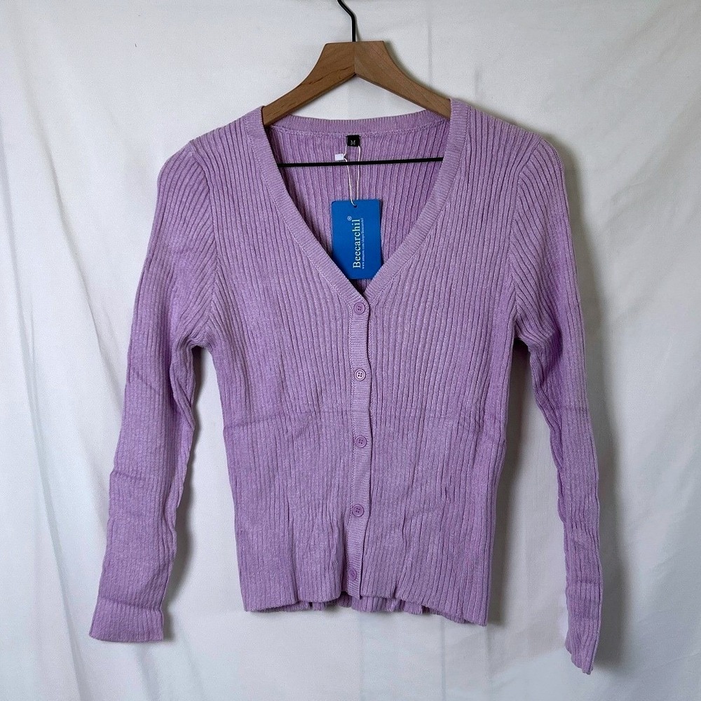 NWT Beecarchil Womens Ribbed Cardigan Lilac Purple Size M V-Neck Button Front